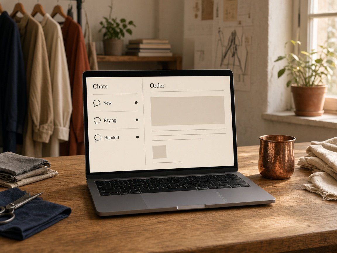 A laptop in a studio showing a chat list marked New, Paying, and Handoff