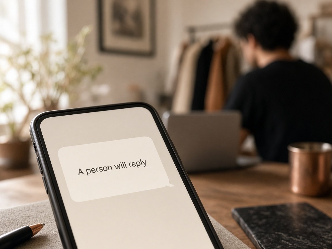 A phone that says a person will reply, with a teammate at a laptop in a clothing studio